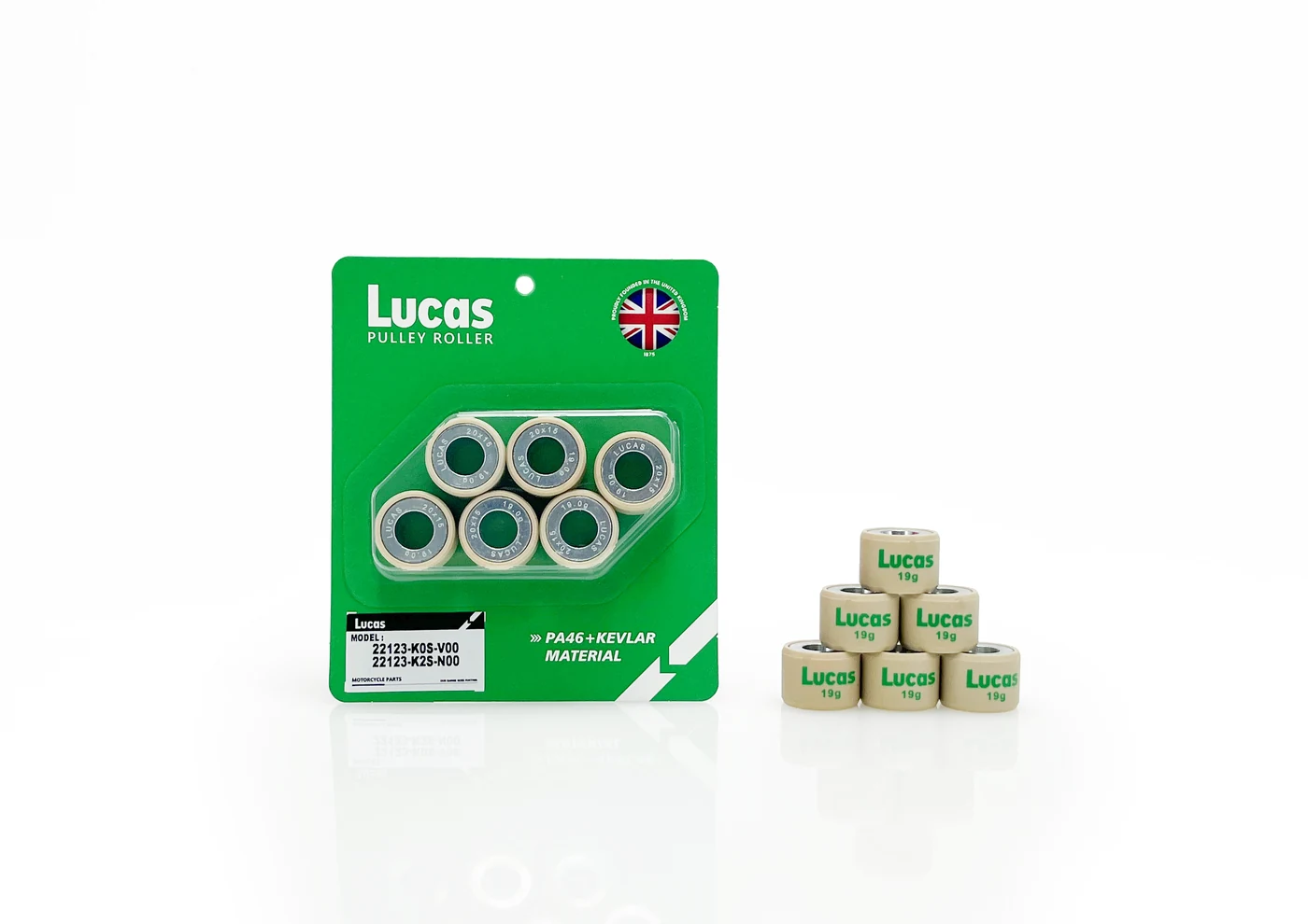 Lucas Roller Weights with green packaging